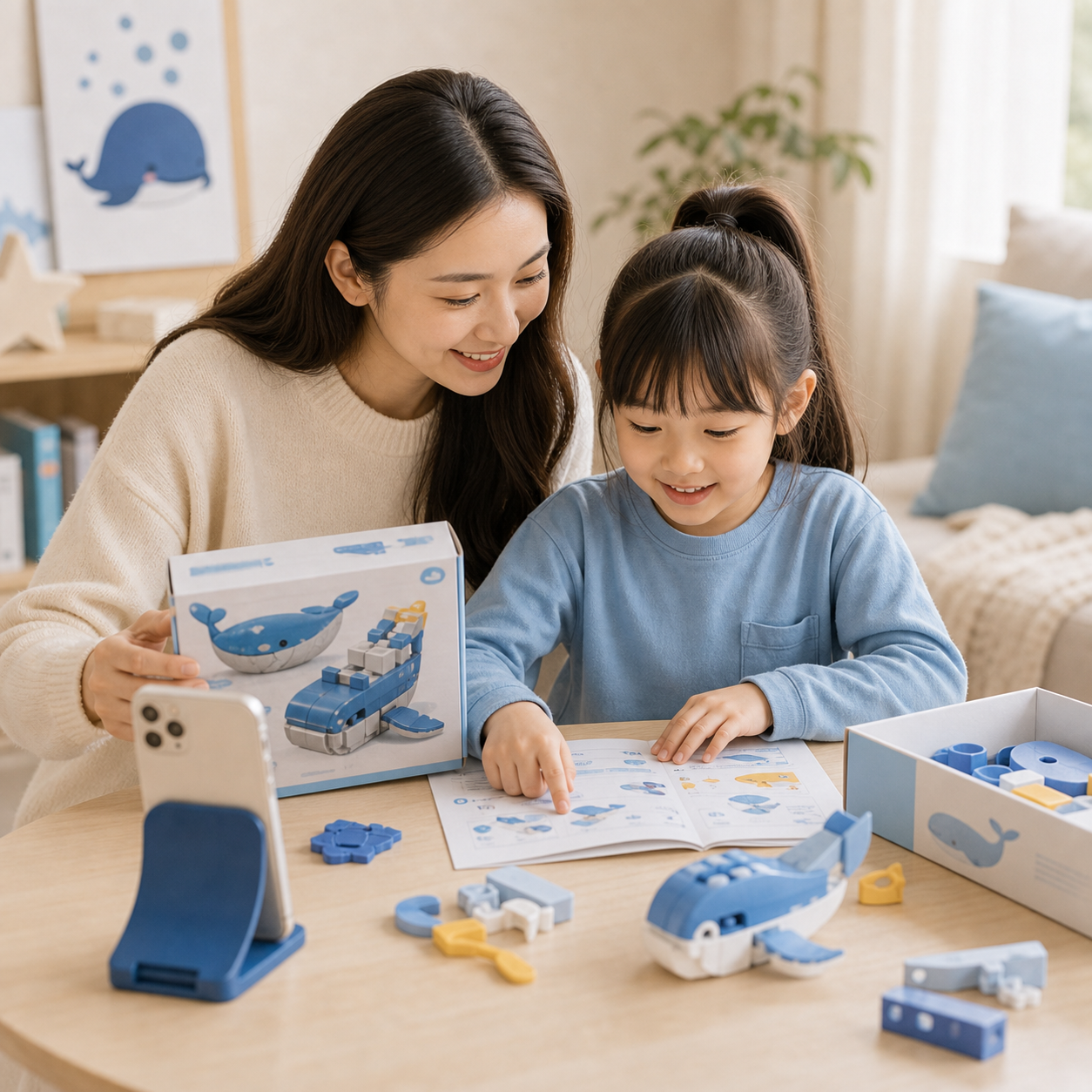 孩子和家長查看玩具說明